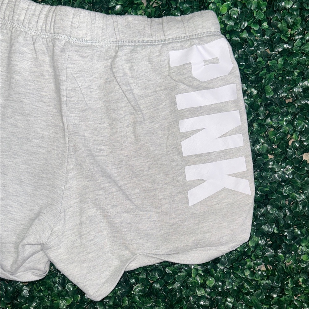 PINK Victoria's Secret Light Gray Fleece Lounge Shorts with White Logo Tag